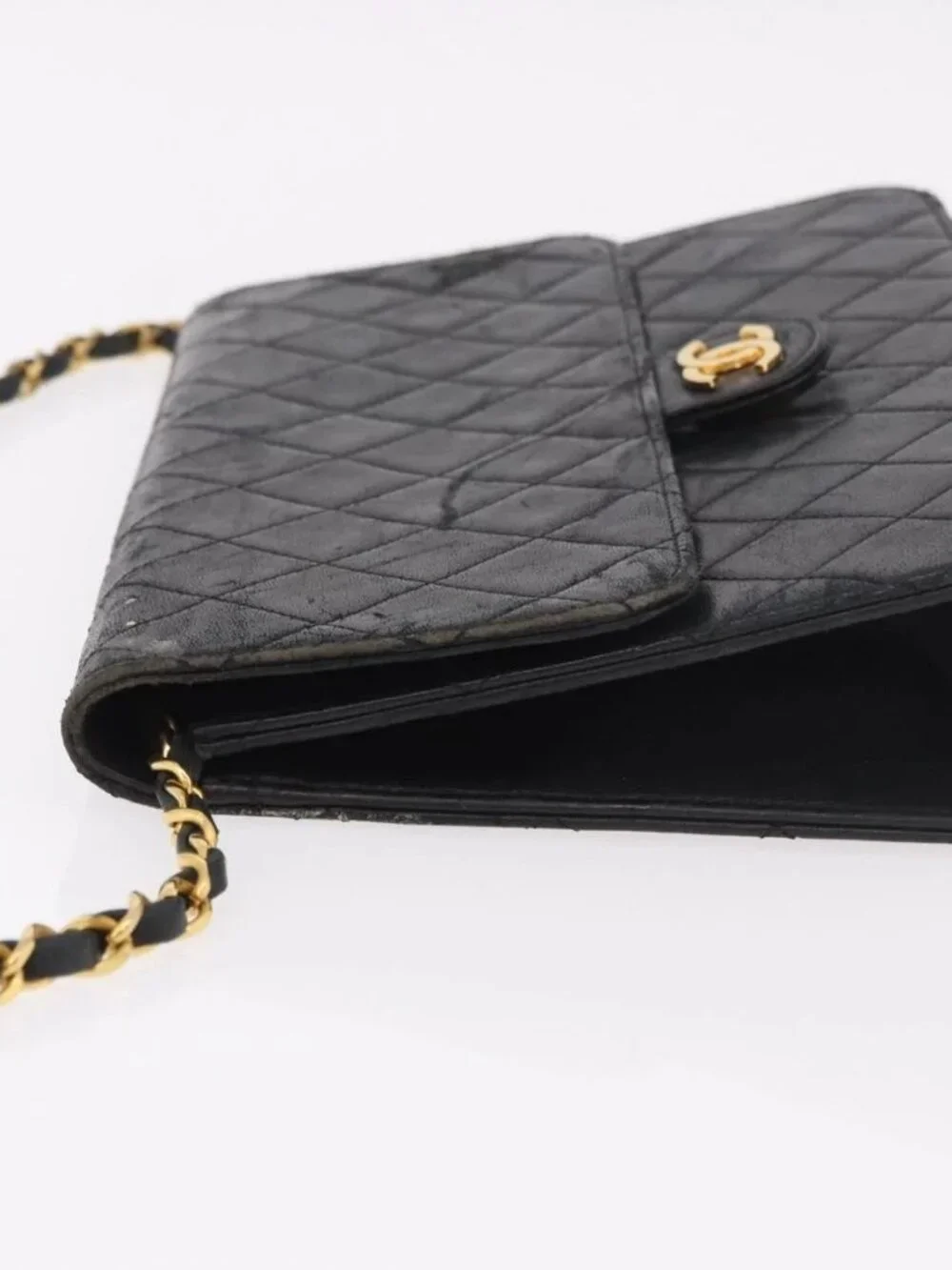CHANEL Chain Shoulder Bag Lamb Skin Black Gold CC Auth 143810